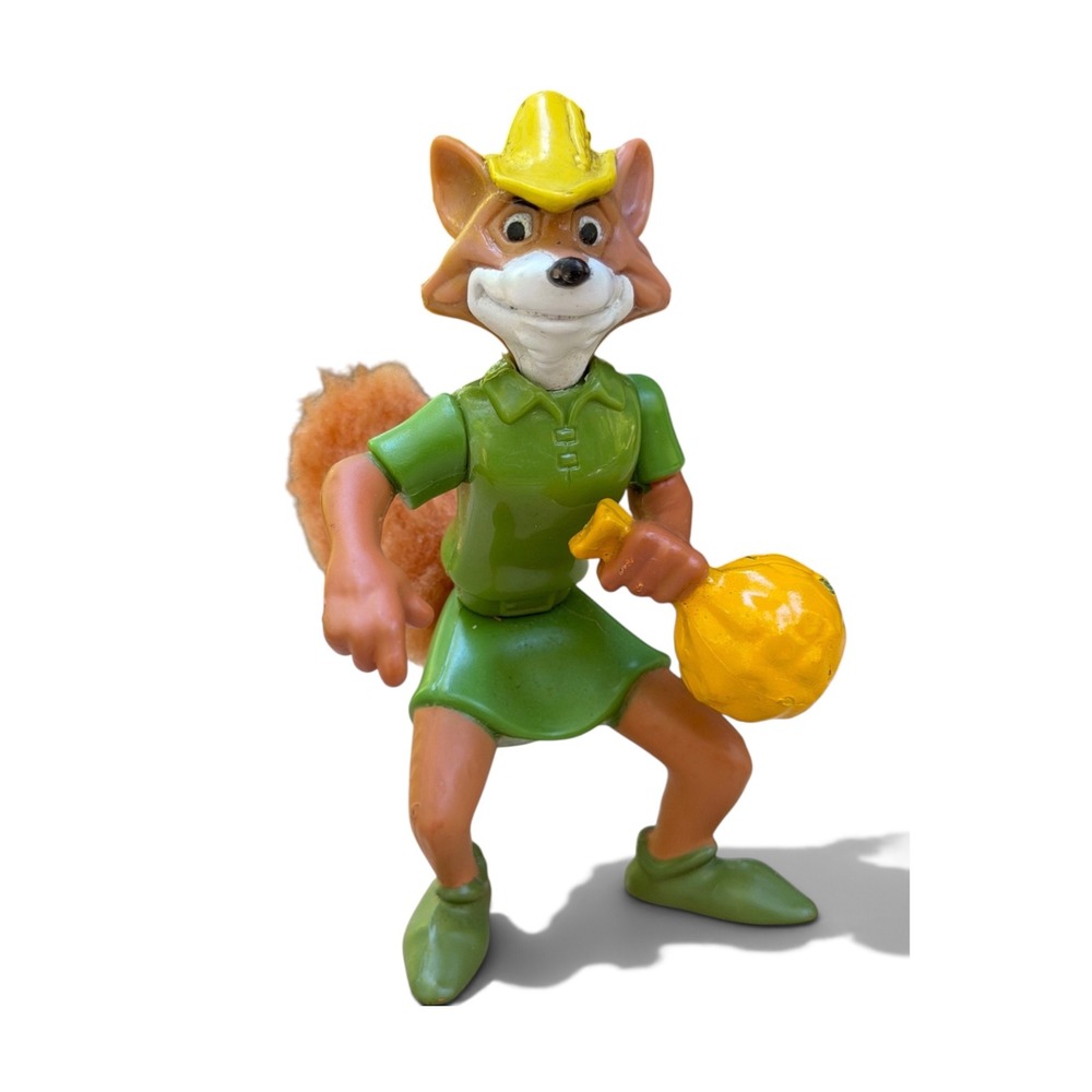 Disney Robin Hood Fox PVC Figure Faux Fur Tail Money Bag Green Tunic Cake Topper